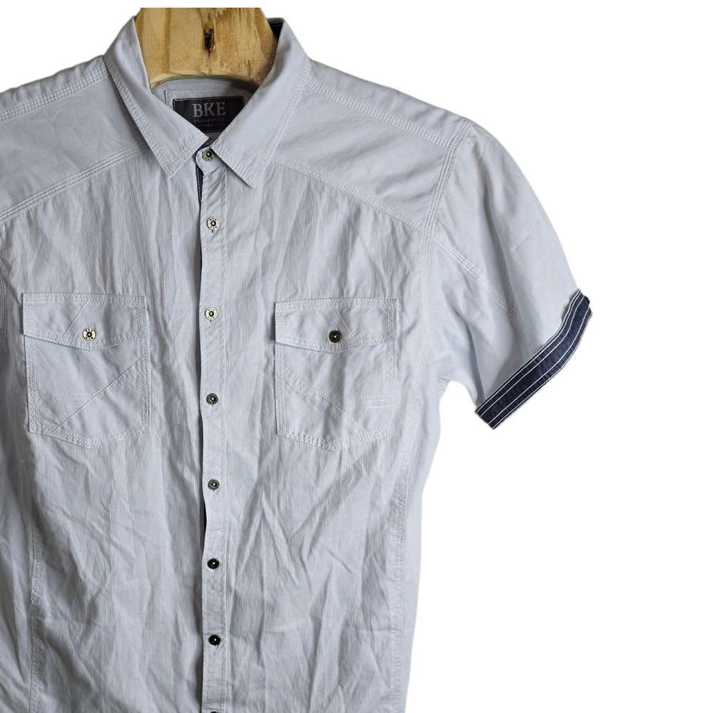BKE Mens XXL Short Sleeve Button Down Shirt Blue White Stripe Western B2421